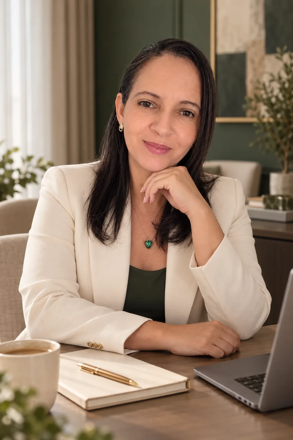 Dra. Verônica Business em seu escritório, sentada à mesa em ambiente acolhedor